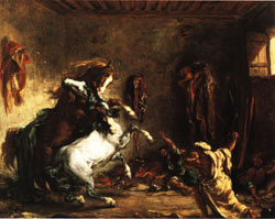 Arabian Horses Fighting in a Stable